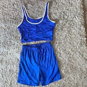 BLUE 2 PIECE biker set ,crop top w a white outline , biker shorts, bright blue